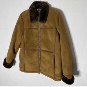 Vintage Lady Hathaway Tan Brown Faux Suede Zip Front Jacket W Faux Fur Collar M